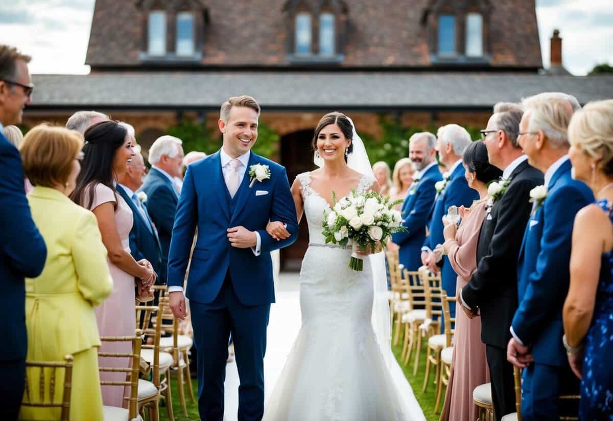 A bride and groom standing at the center of a receiving line, greeting guests with smiles and handshakes