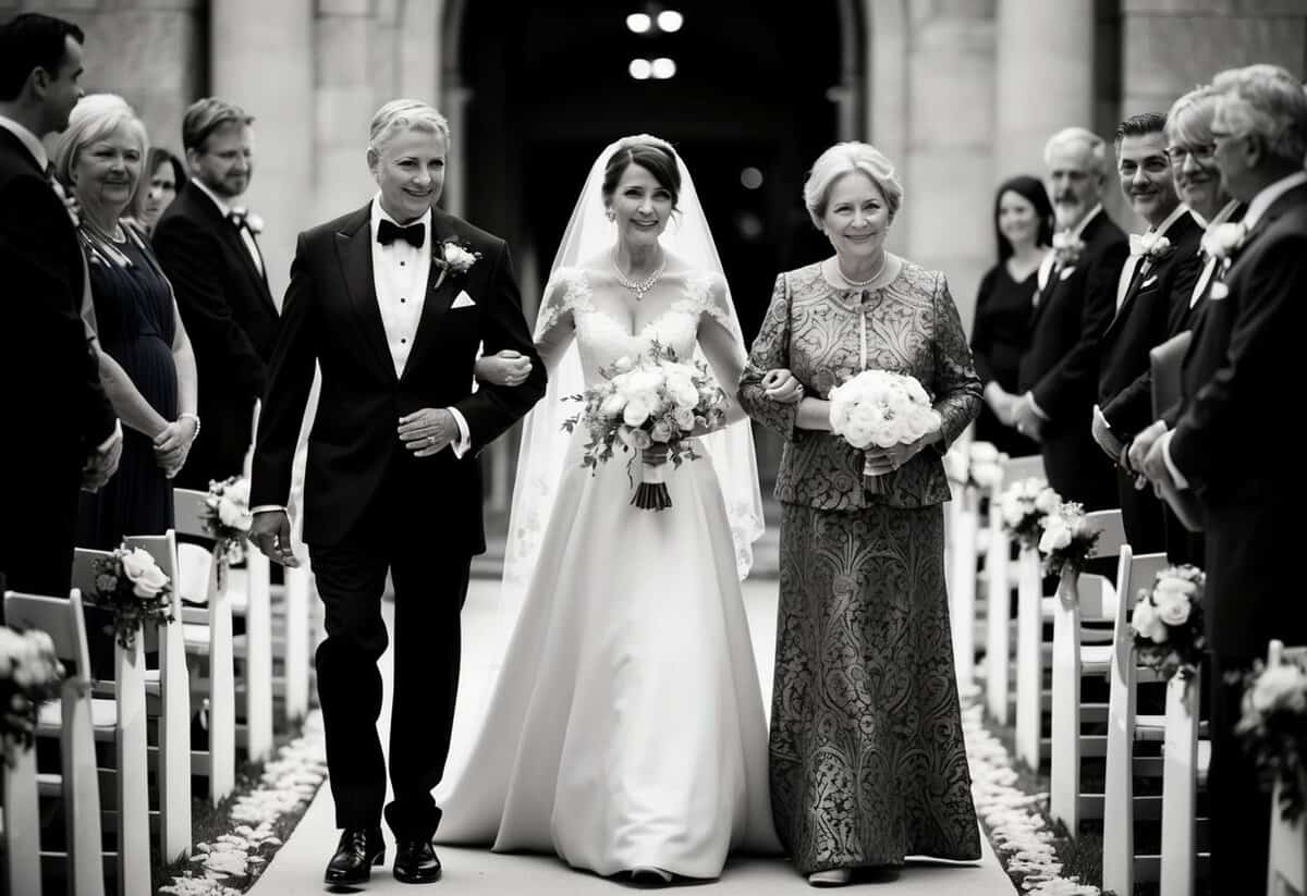 A figure in elegant attire guides the mother of the bride down the aisle, their presence exuding grace and support
