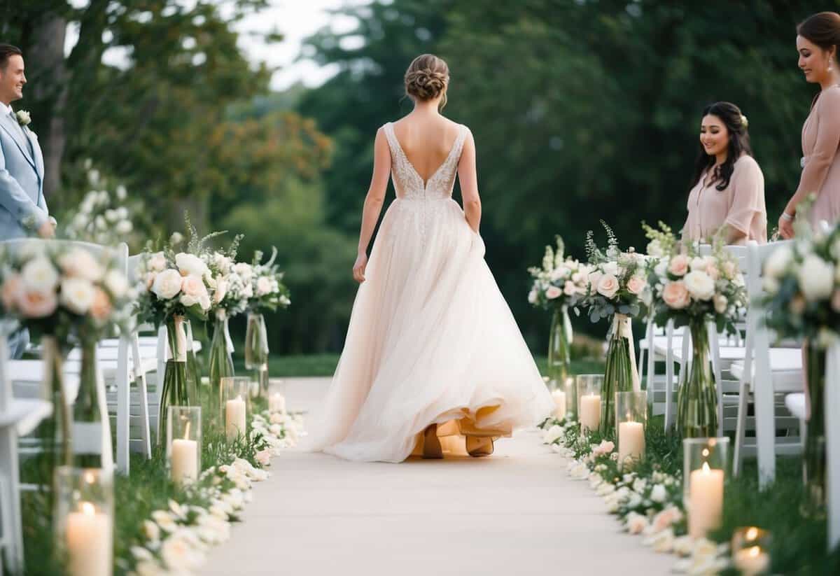 A figure in a flowing gown walks down a flower-lined aisle. The setting is serene and romantic, with soft lighting and delicate details
