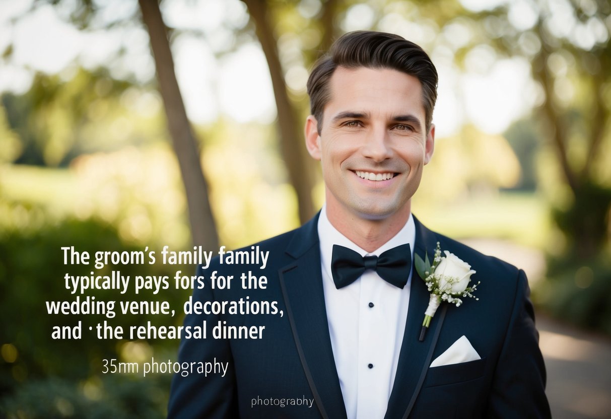 The groom's family typically pays for the wedding venue, decorations, and the rehearsal dinner