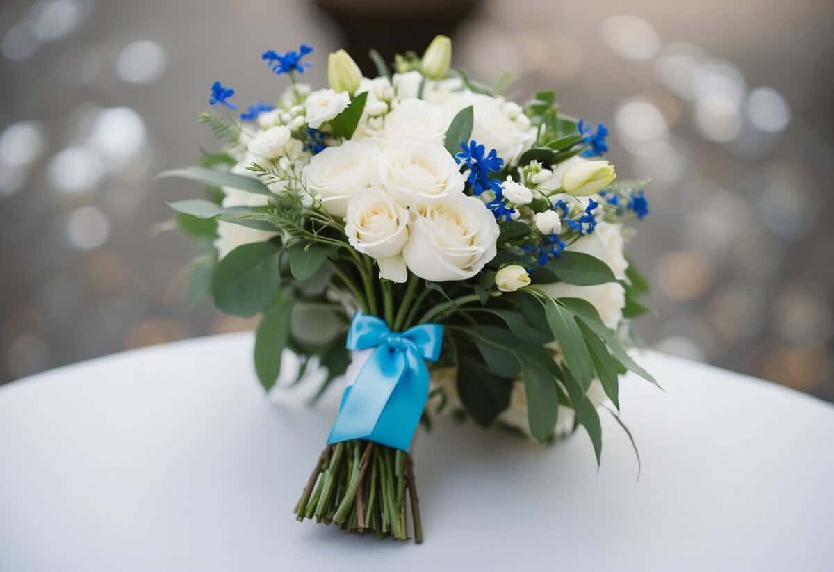 A bride's bouquet with a small blue ribbon tied around the stems
