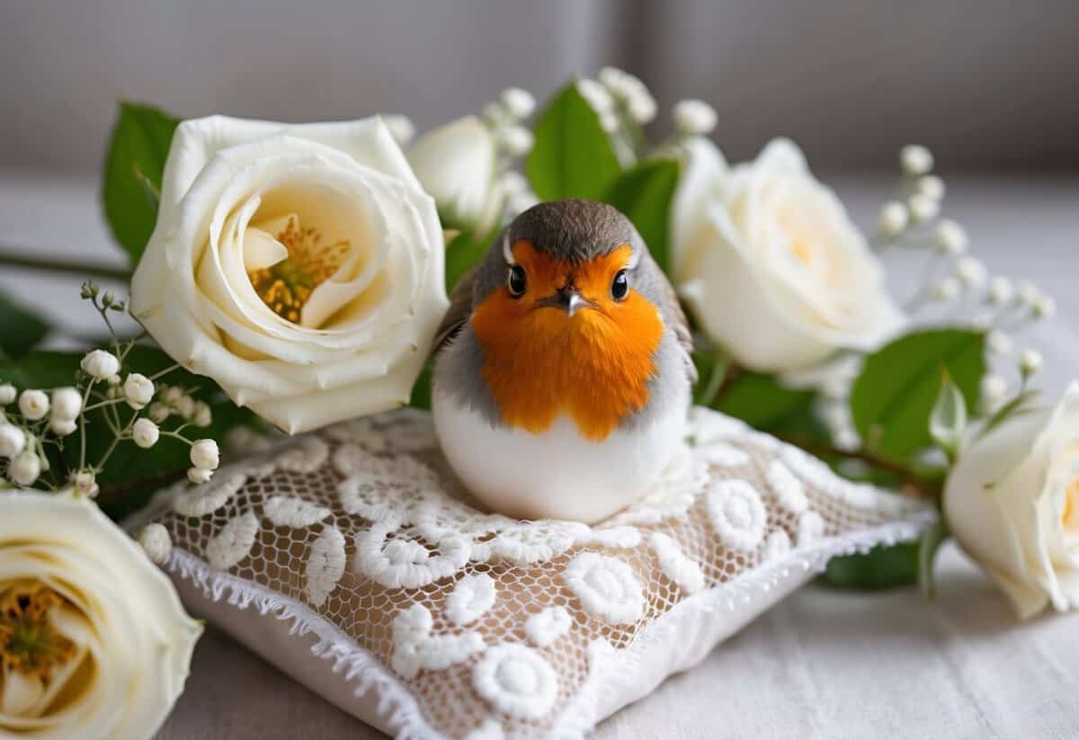 A robin's egg rests on a lace pillow, nestled among white roses and baby's breath