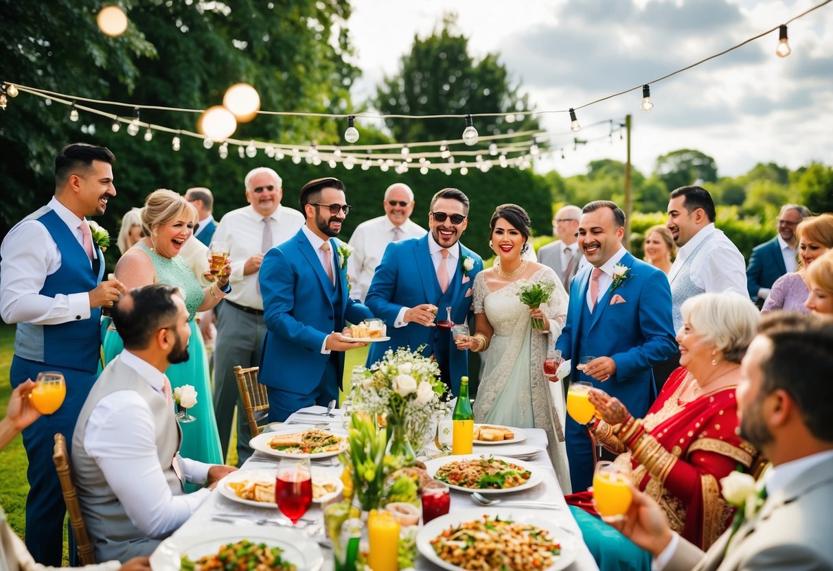 The groom's family hosts a lively post-wedding celebration, providing food, drinks, and entertainment for the guests