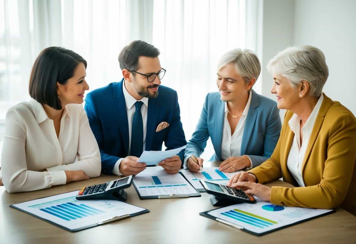 A couple and their parents sitting around a table with wedding budget spreadsheets and calculators, discussing financial contributions