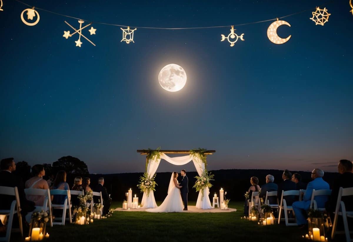 A night sky with a full moon shining down on a tranquil outdoor wedding ceremony, surrounded by astrological symbols and celestial decor