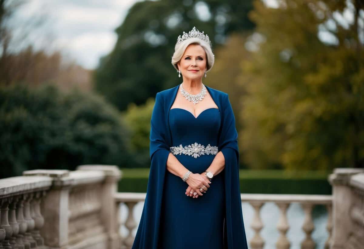 A regal mother of the bride in a deep navy gown, adorned with elegant silver accessories, stands with confidence and grace