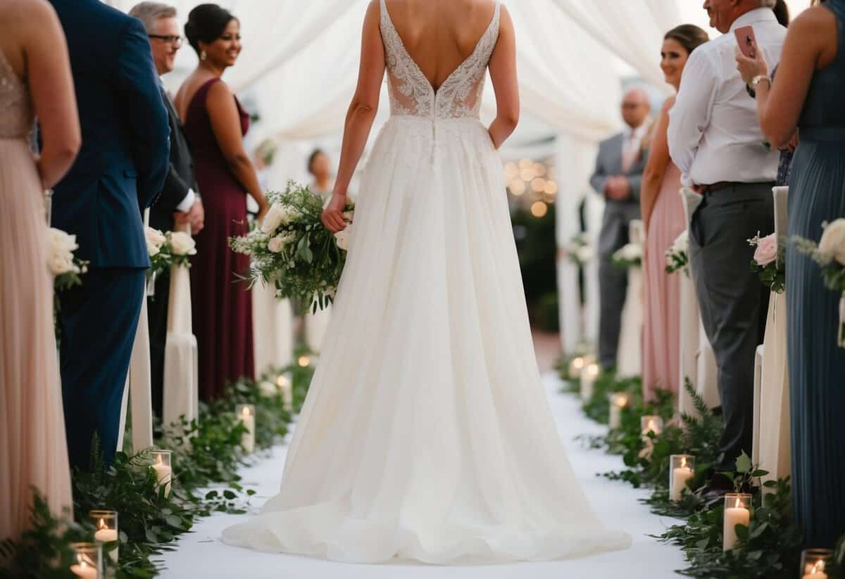 A figure in a flowing gown leads down the aisle