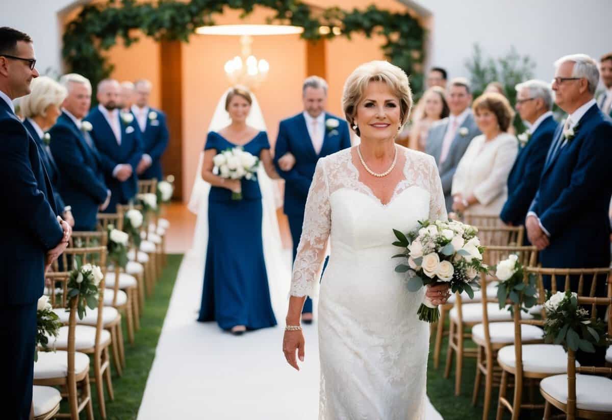 The mother of the bride walks down the aisle first, followed by the mother of the groom