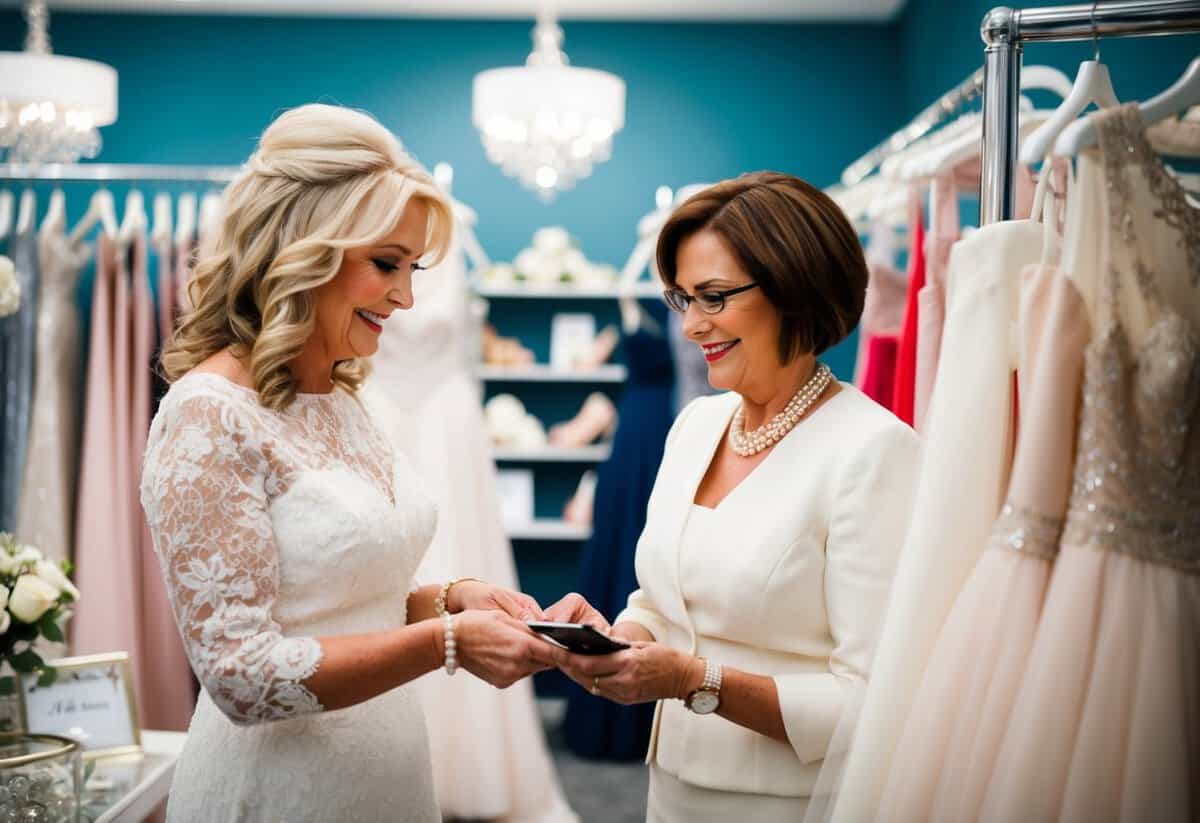 A mother of the bride paying for wedding expenses at a bridal boutique
