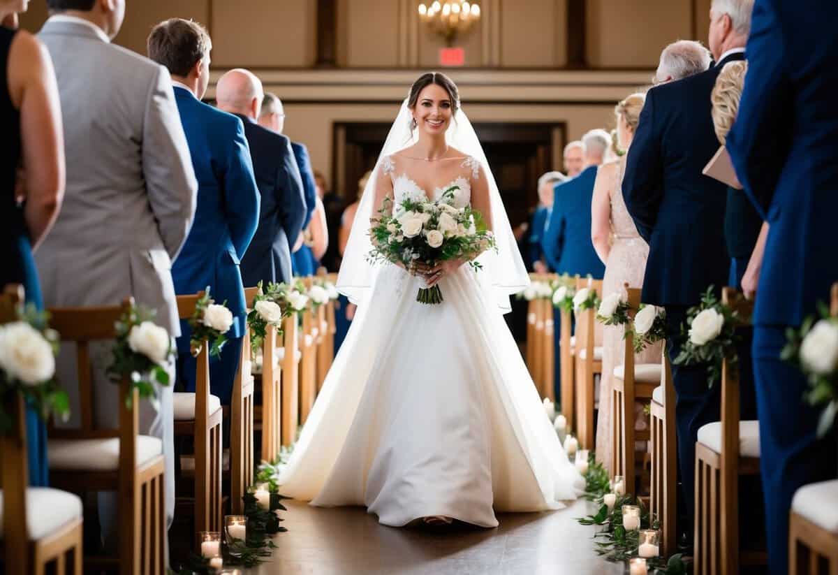 A woman in a flowing gown leads the procession down the aisle