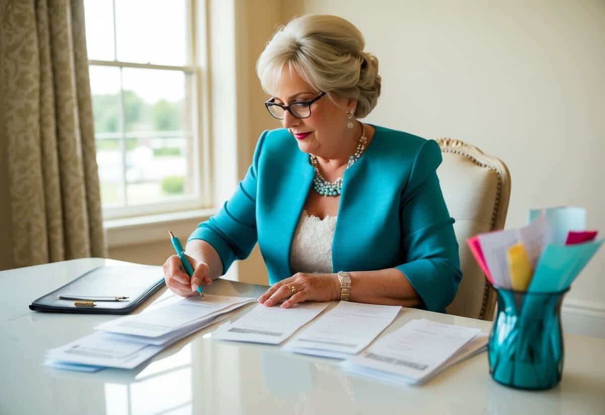 A mother of the bride writing checks and organizing receipts for wedding expenses