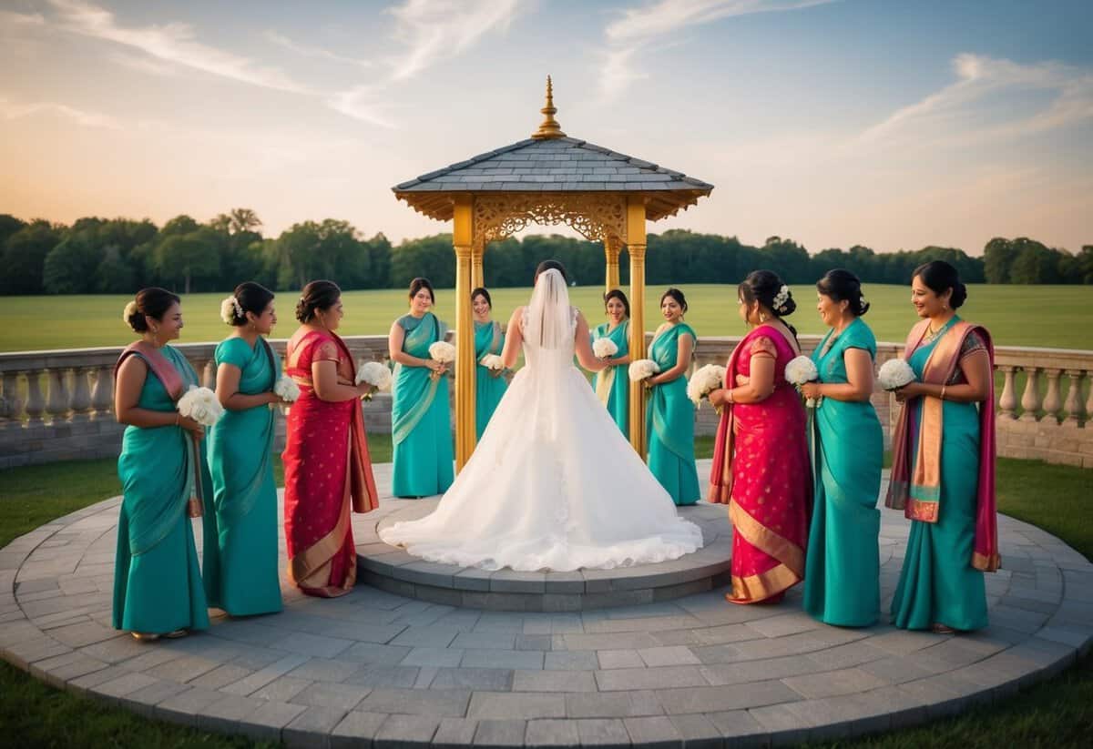 A bride circles a ceremonial structure seven times, symbolizing the seven blessings and the creation of a spiritual bond