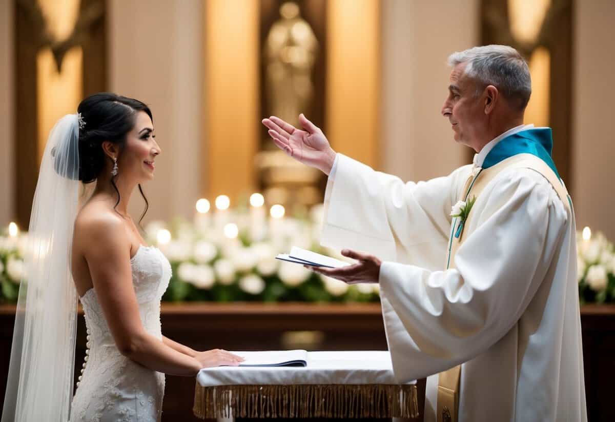 A figure stands at the altar, reaching out to the bride with a gesture of offering or guidance. The bride stands opposite, ready to accept or be led