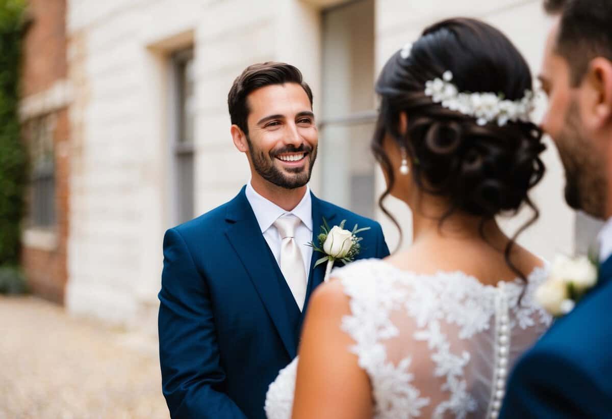 The groom catches a glimpse of the bride's dress, causing a smile to spread across his face