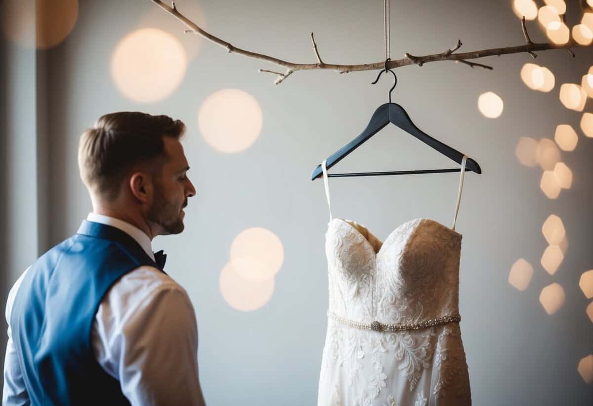 The groom catches a glimpse of the bride's dress hanging on a hanger, bathed in soft, ethereal light
