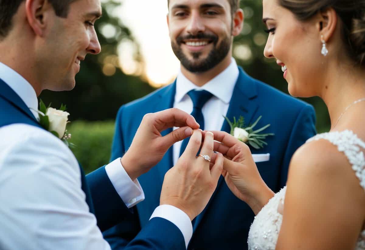 A groom's hand placing a wedding ring on a bride's finger
