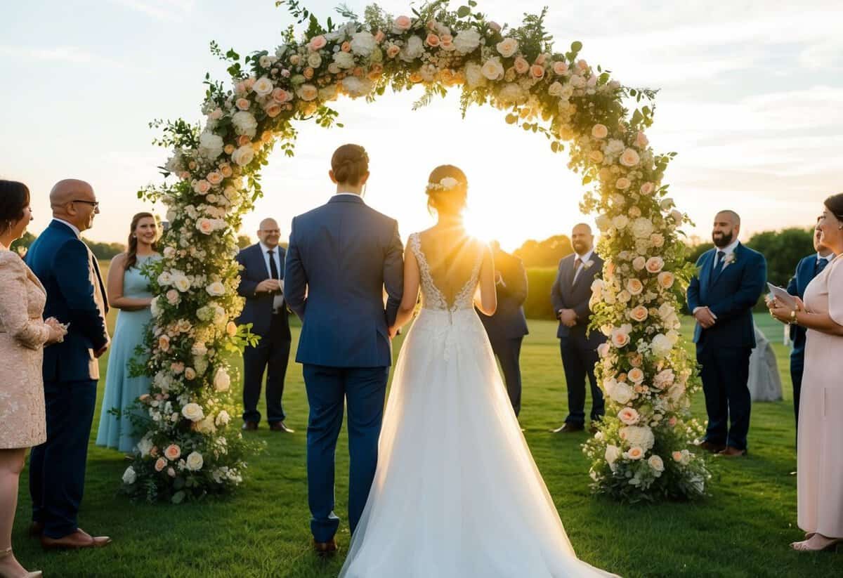 A bride and groom standing under a floral arch, surrounded by guests, as the sun sets behind them