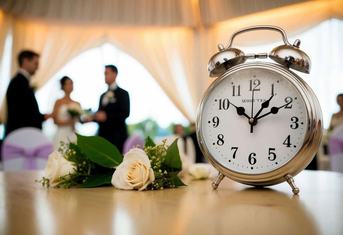 A clock showing 30 minutes passing, followed by another 5 minutes passing, with a wedding theme in the background