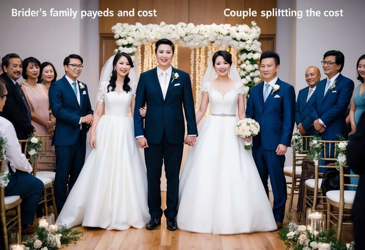 A bride and groom stand between a traditional and modern wedding ceremony, with one side showing the bride's family paying and the other showing the couple splitting the cost