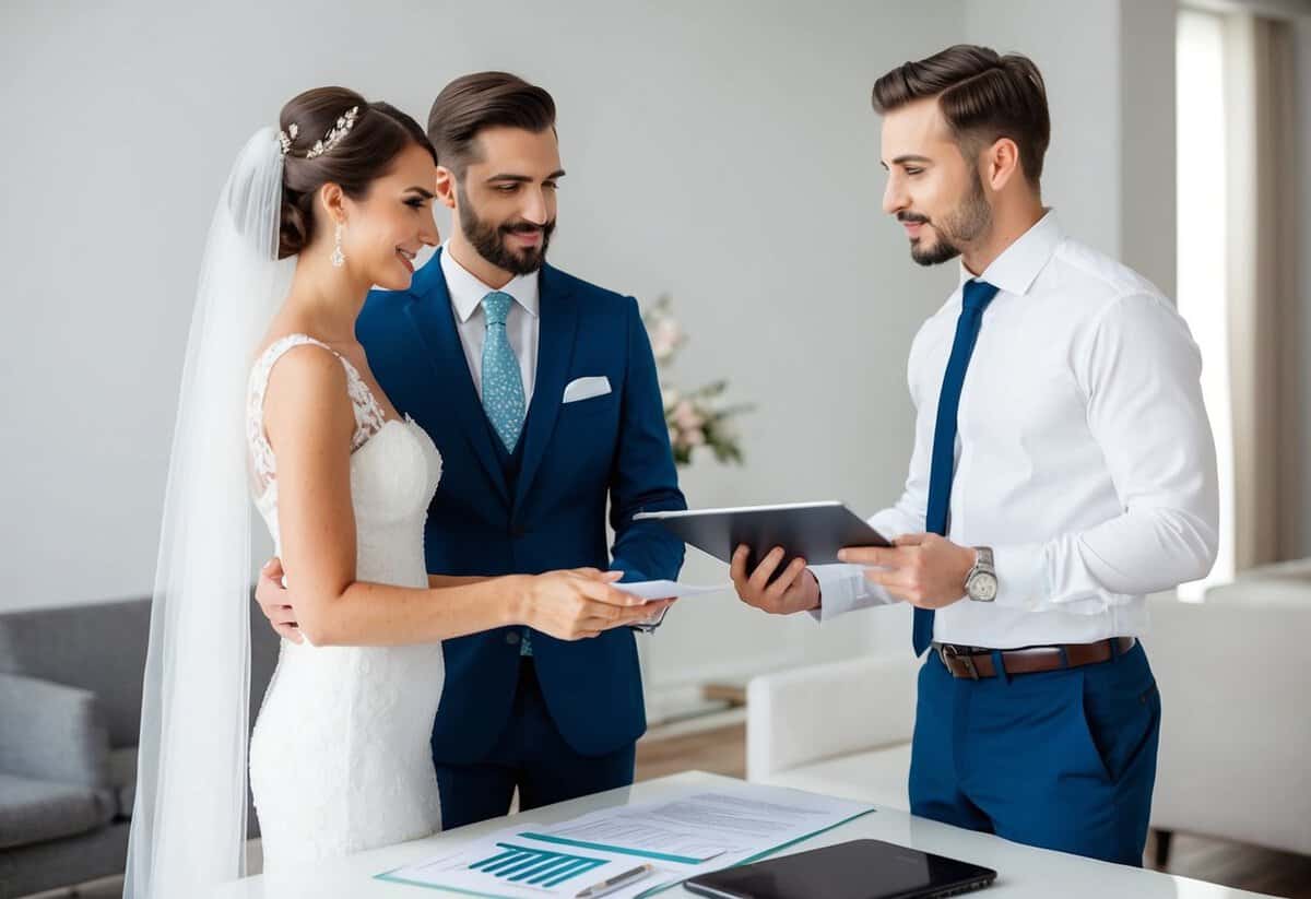 A bride and groom standing at a table with a wedding planner, discussing and itemizing wedding costs