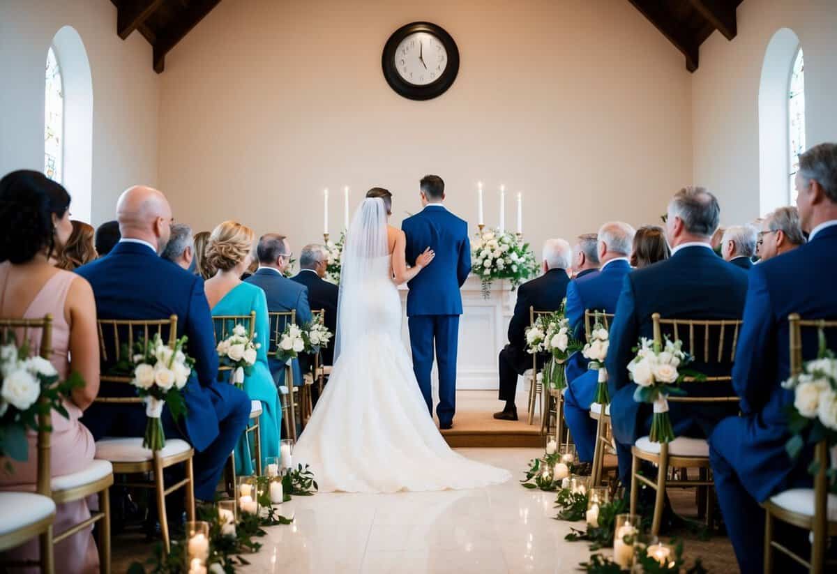 A bride and groom standing at the altar, surrounded by guests seated in neatly arranged rows, with a clock showing 30 minutes before the ceremony