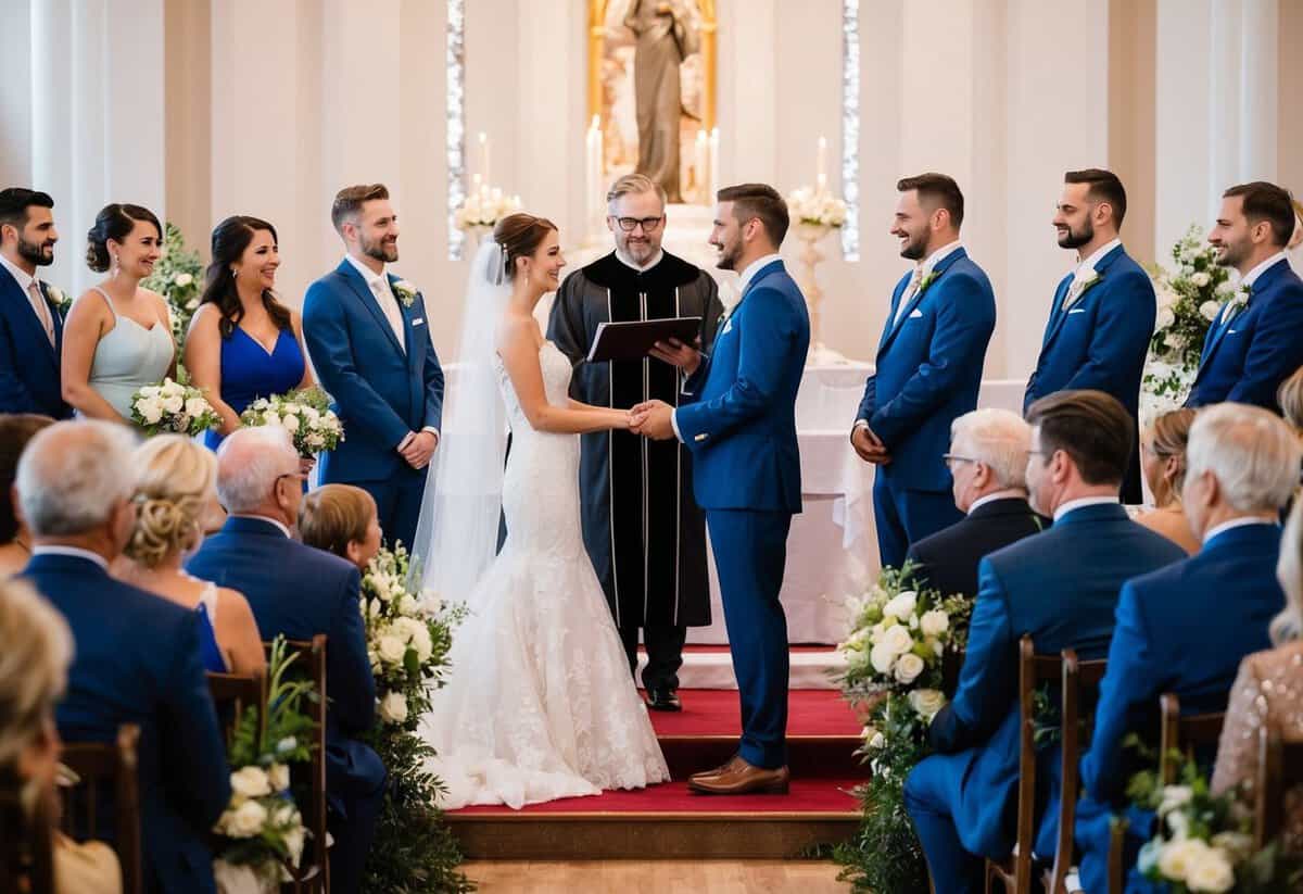 A bride and groom standing at the altar, surrounded by guests and a wedding officiant. The bride's family pays for the wedding