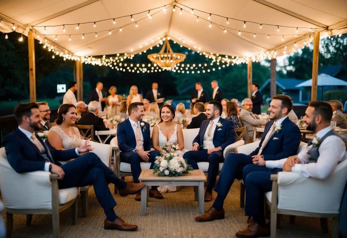 A cozy outdoor wedding reception with twinkling lights and comfortable seating, where guests are enjoying themselves within the 30-5 minute rule