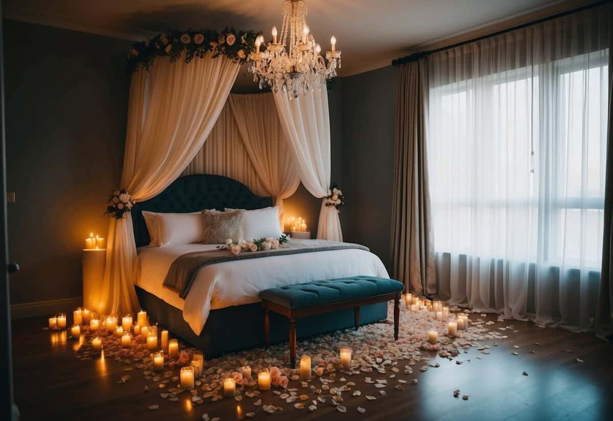 A cozy, candlelit bedroom with a canopy bed and flowing curtains, scattered with rose petals and wedding attire