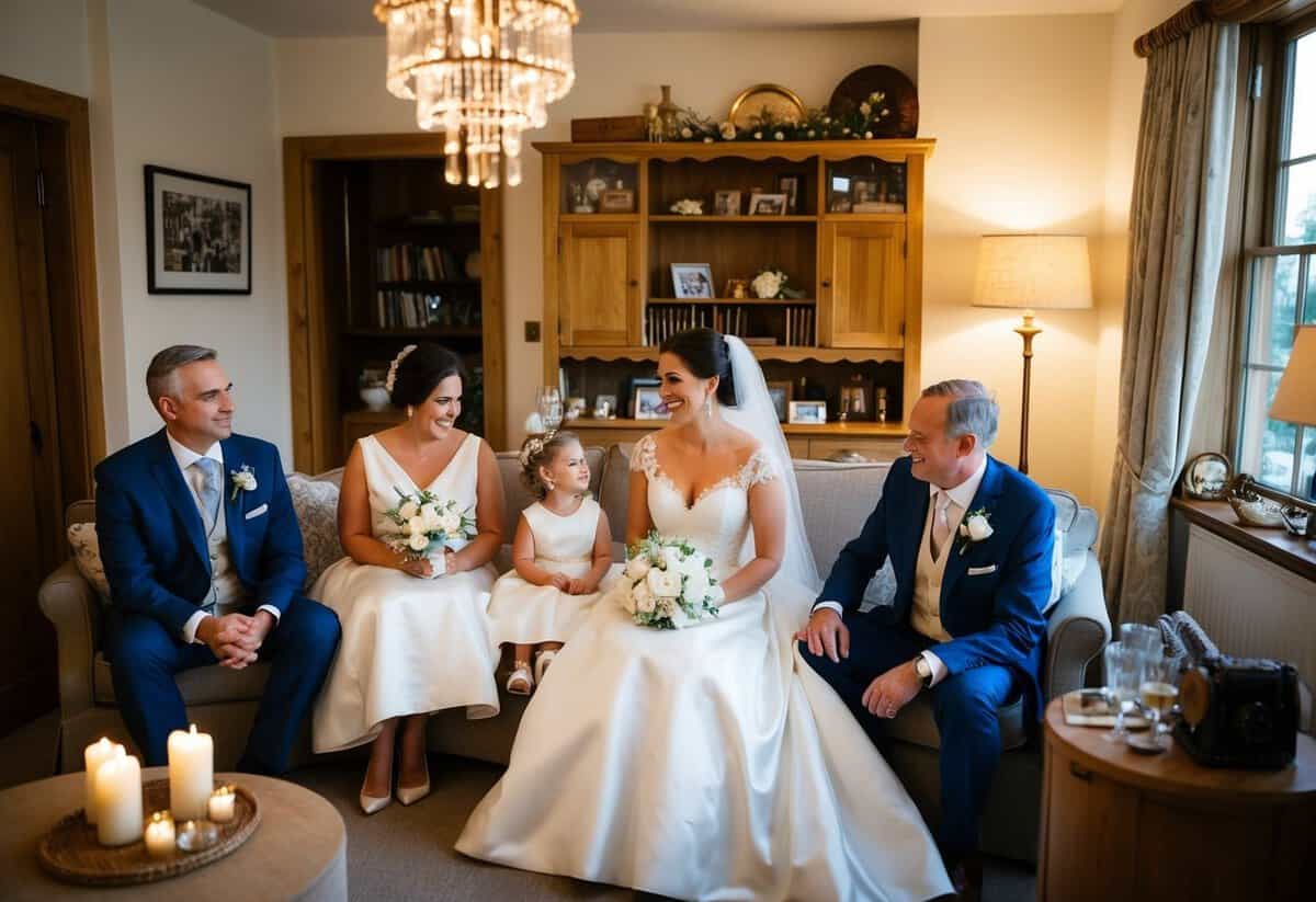 The bride stays with her family in a cozy, candlelit room, surrounded by wedding attire and sentimental items