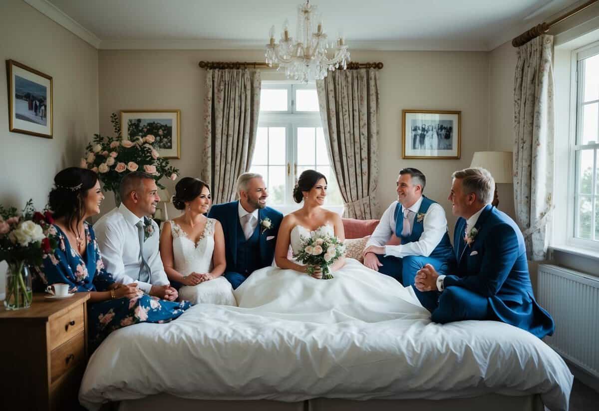 The bride stays with her closest family and friends in a cozy, flower-filled room the night before the wedding