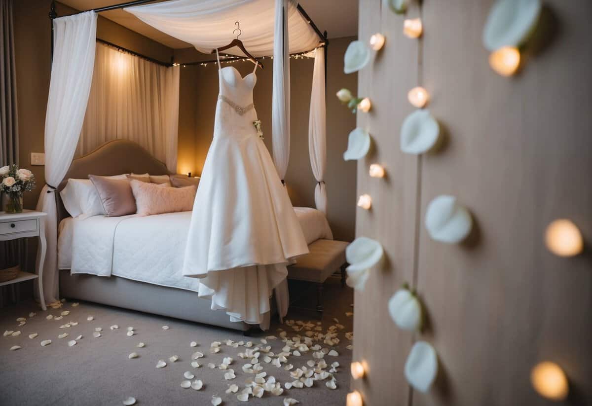 A cozy bedroom with a canopy bed, soft lighting, and scattered rose petals. A wedding dress hangs on a decorative hook