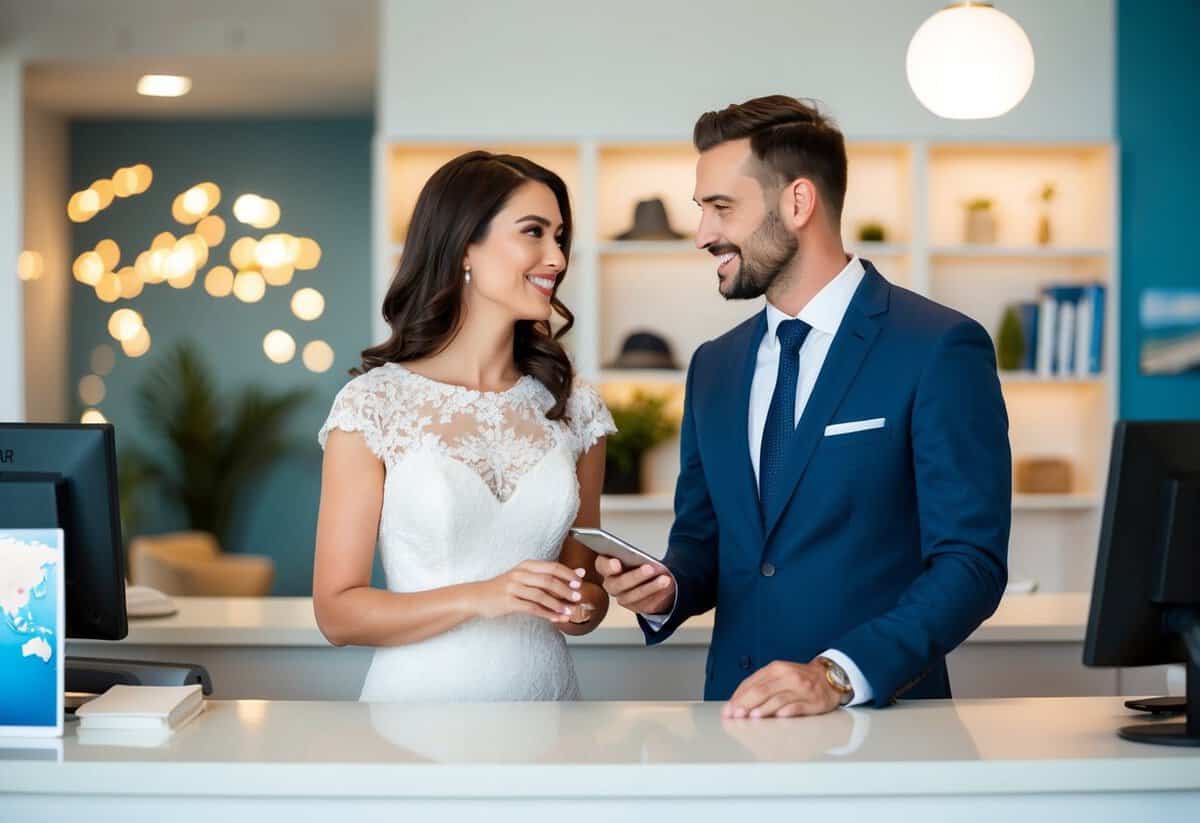 A newlywed couple standing at a travel agency counter, discussing honeymoon options with a travel agent