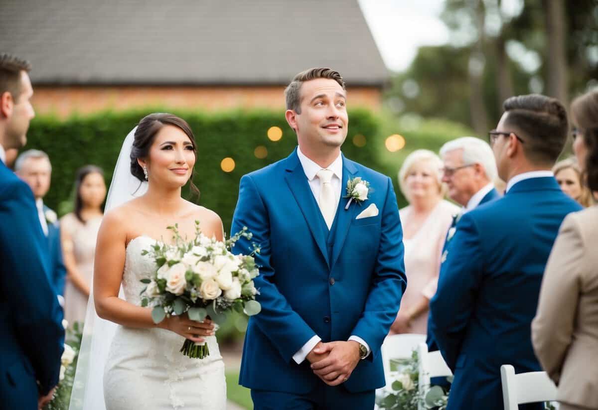 A groom stands in awe, tears welling in his eyes as he gazes at his bride walking down the aisle
