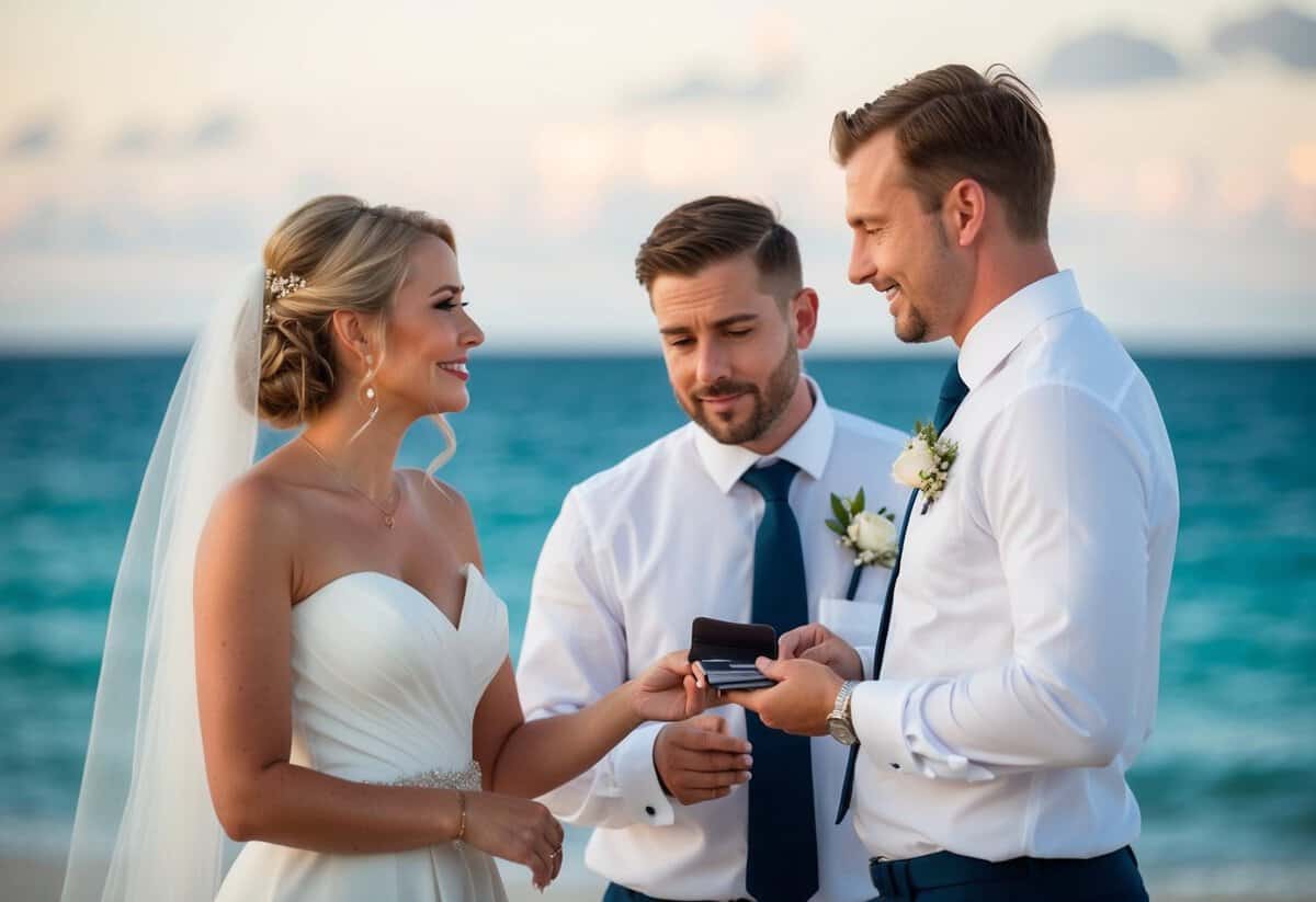 A newlywed couple standing at a beachside resort, with the groom reaching for his wallet while the bride looks on expectantly