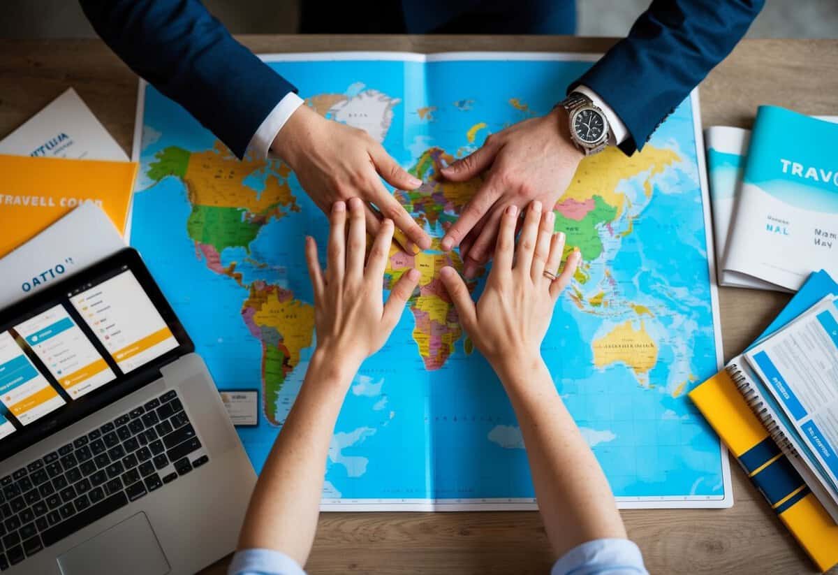 A couple's hands reaching for a world map, surrounded by travel brochures and a laptop with flight options on the screen