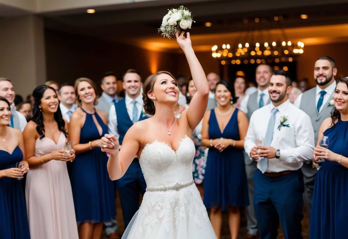 The bride playfully tosses her garter into a crowd of eager guests at the wedding reception