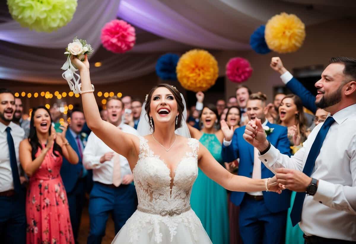 A bride throws her garter at a lively wedding reception, surrounded by cheering guests and colorful decorations