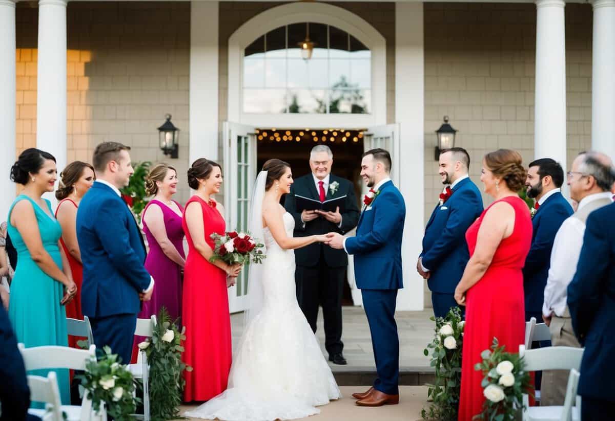 A wedding scene with guests dressed in various colors, but no one wearing red. The bride and groom are exchanging vows at the front of the venue
