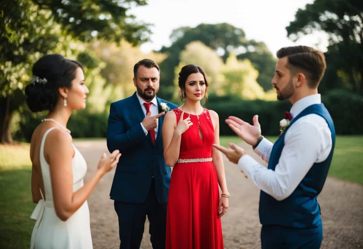 A wedding guest holding a red dress while a couple gestures disapproval