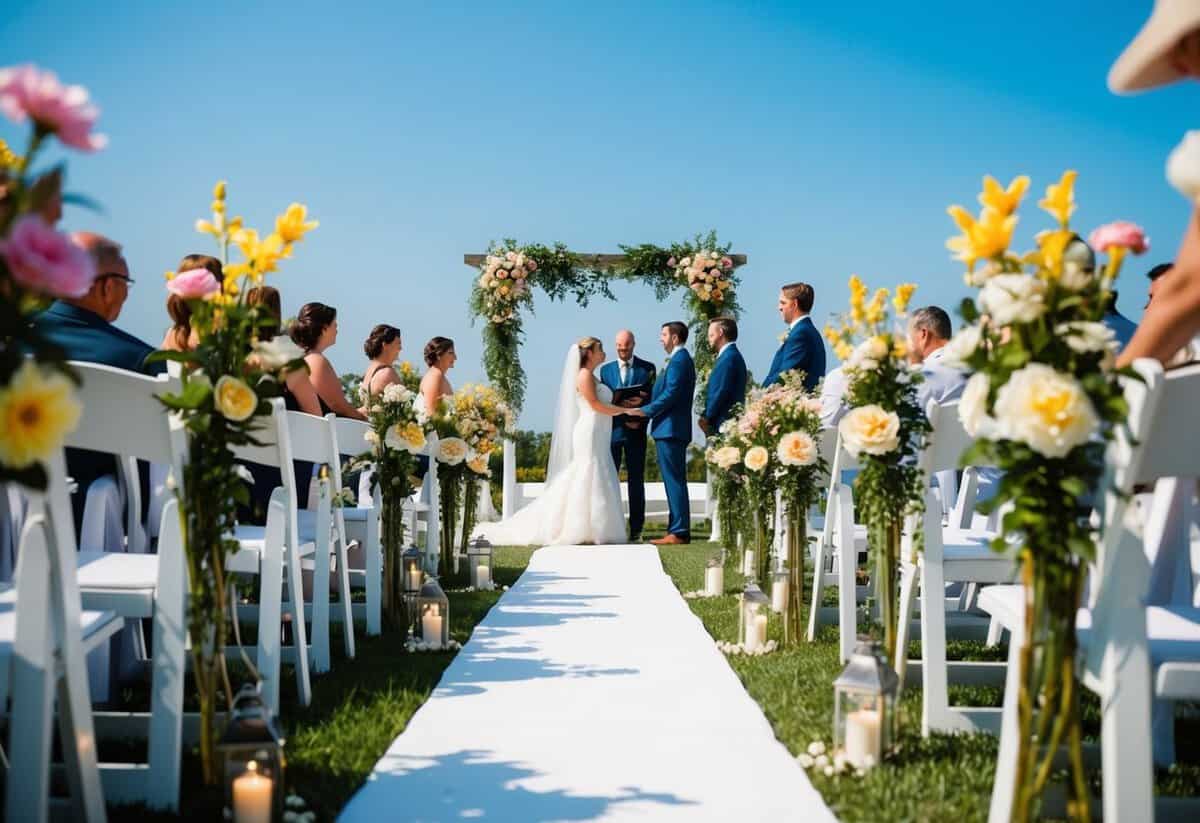 A sunny outdoor wedding ceremony in June, with blooming flowers and a romantic atmosphere