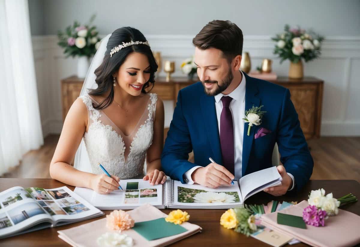 A couple sitting at a table, surrounded by wedding magazines and samples of fabrics and flowers. They are discussing and making notes in a planner
