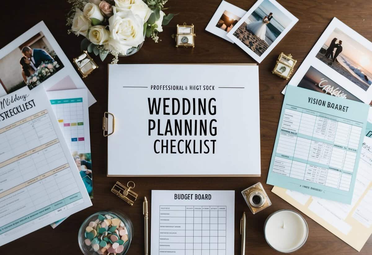 A table with a wedding planning checklist, surrounded by vision boards, budget spreadsheets, and inspirational images