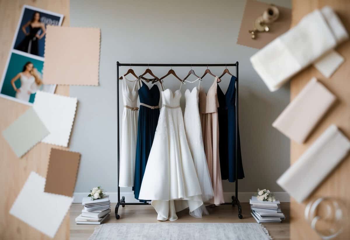 A clothing rack filled with elegant wedding attire, surrounded by swatches of fabric and fashion magazines for inspiration