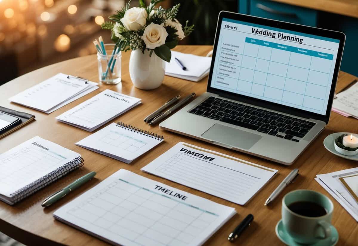 A table covered in wedding planning materials: checklist, calendar, pens, and a laptop displaying a timeline