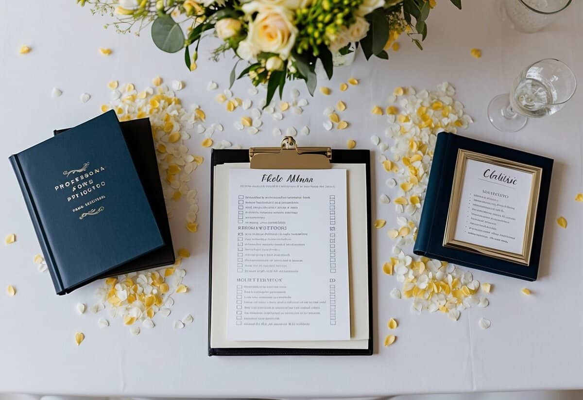 A table set with wedding memorabilia, a photo album, and a checklist surrounded by scattered confetti and flower petals