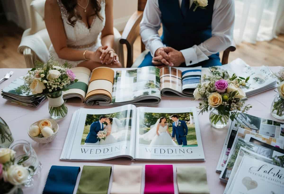 A couple sits at a table covered in wedding magazines, surrounded by swatches of fabric and samples of flowers, discussing details for their upcoming wedding