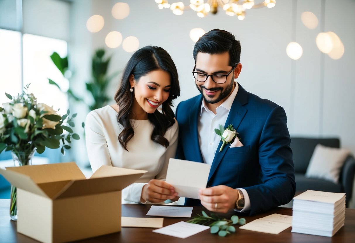 A couple selecting wedding invitations and finalizing guest list