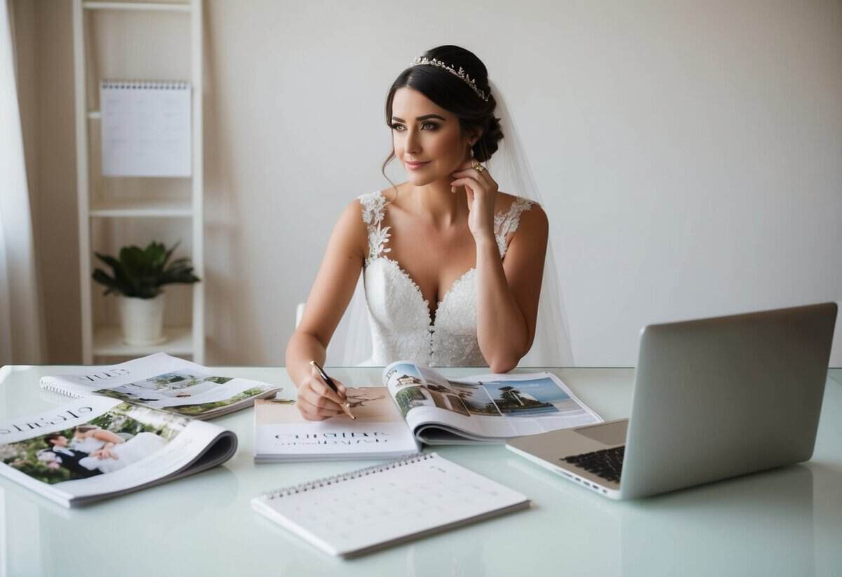 A bride-to-be sits at a desk surrounded by wedding magazines, a calendar, and a laptop. She looks contemplative as she considers her options for planning her big day