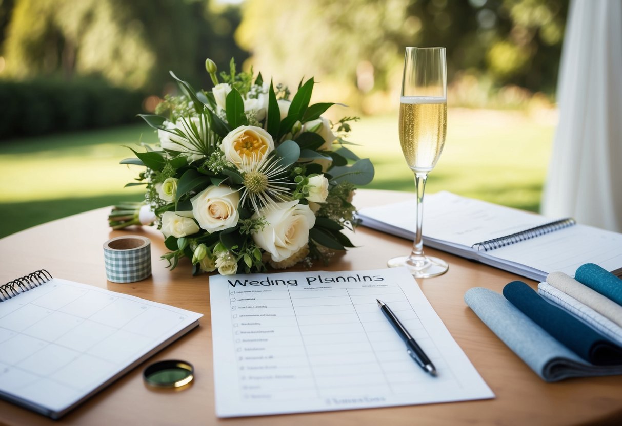 A table with wedding planning materials, including a calendar, checklist, and fabric swatches, surrounded by a bouquet of flowers and a glass of champagne