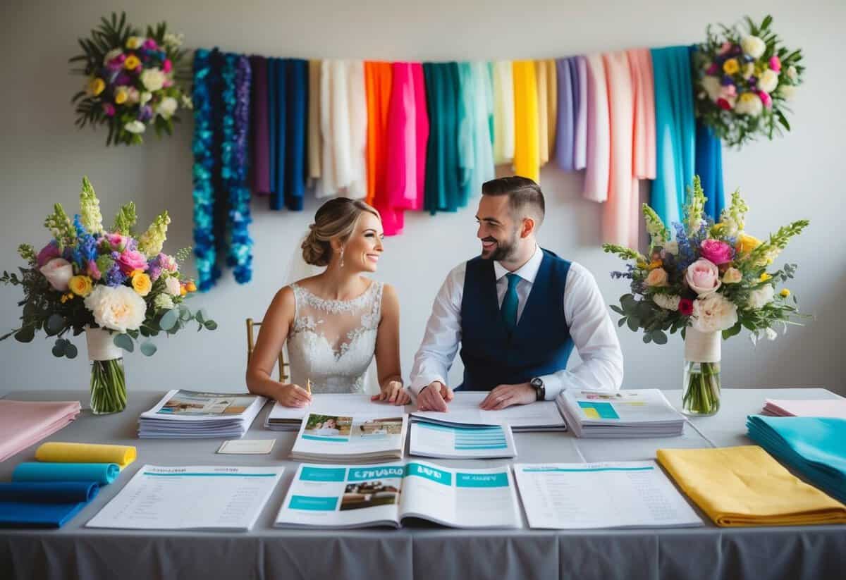 A couple sits at a table covered in wedding magazines and spreadsheets, surrounded by colorful swatches of fabric and flower arrangements